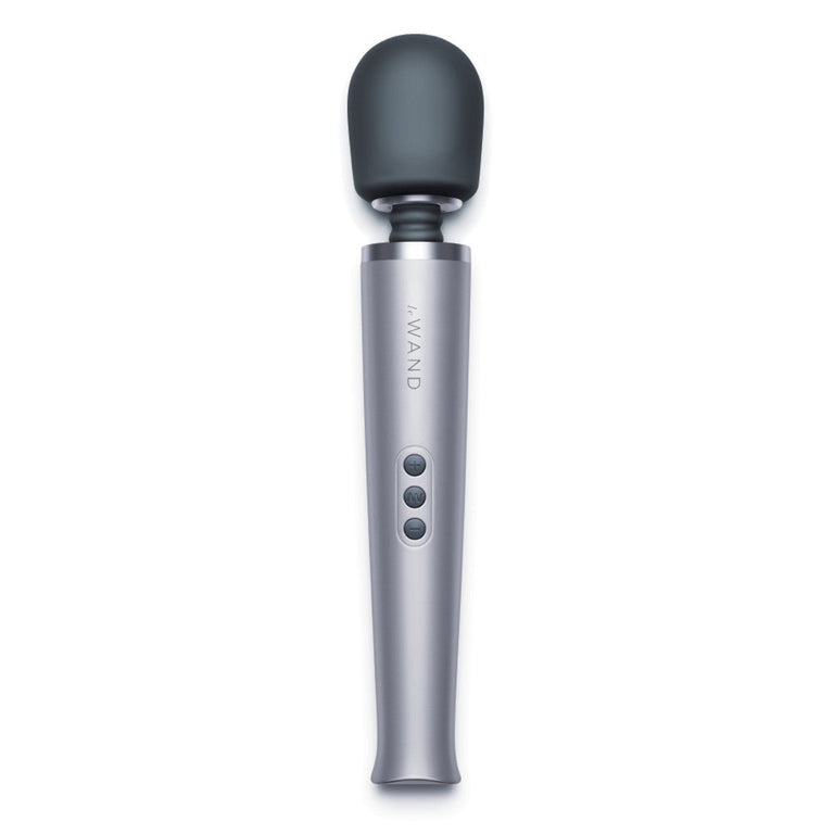 Grey Le Wand Rechargeable Massager with a large rounded head and three buttons on the handle