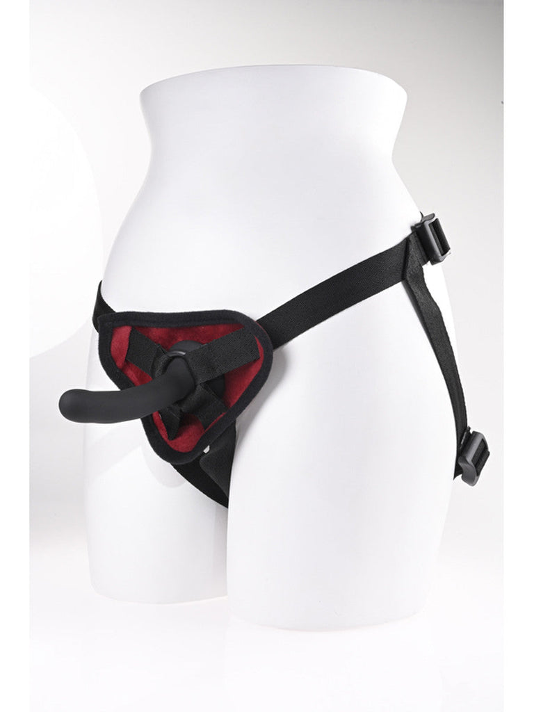 Black and red Saffron strap-on harness and included dildo displayed on a white mannequin