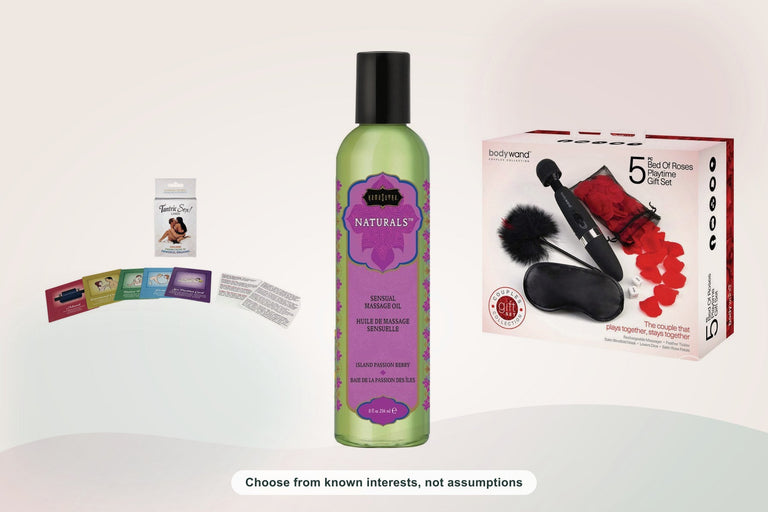 Adult Direct gift examples including cards, massage oil and a packaged Bodywand set