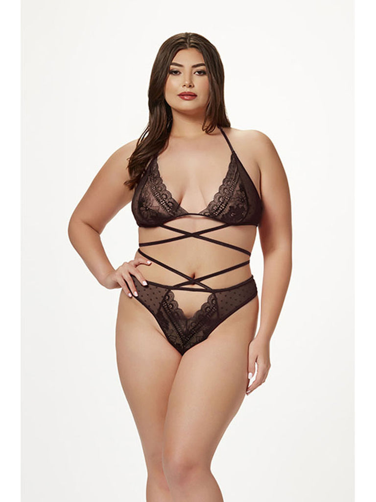 2 PC HALTER BRA AND CRISS CROSS PANTY SET 11521XP BLACK O/SQ