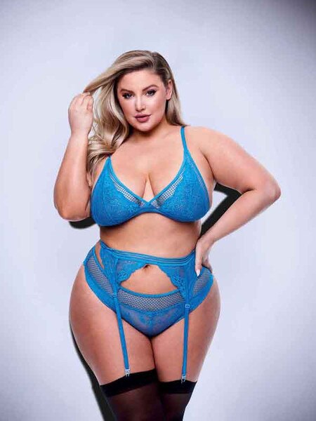 BACI 3PC LACE & MESH BRA, GARTER & PANTY SET BLUE