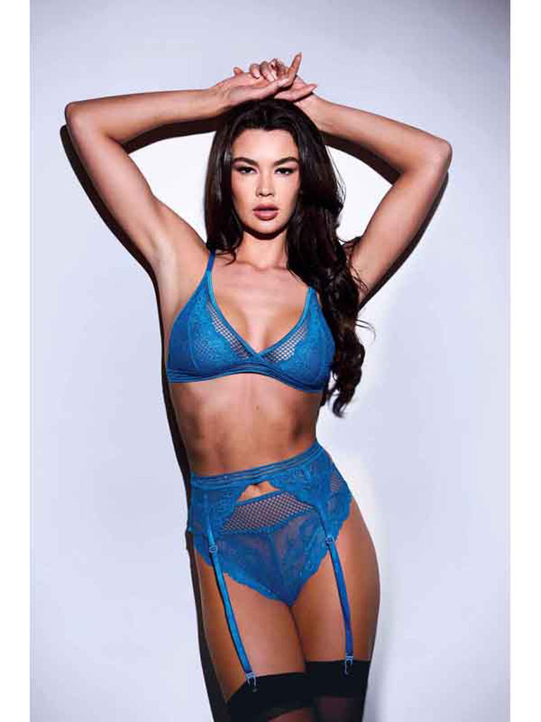 BACI 3PC LACE & MESH BRA, GARTER & PANTY SET BLUE