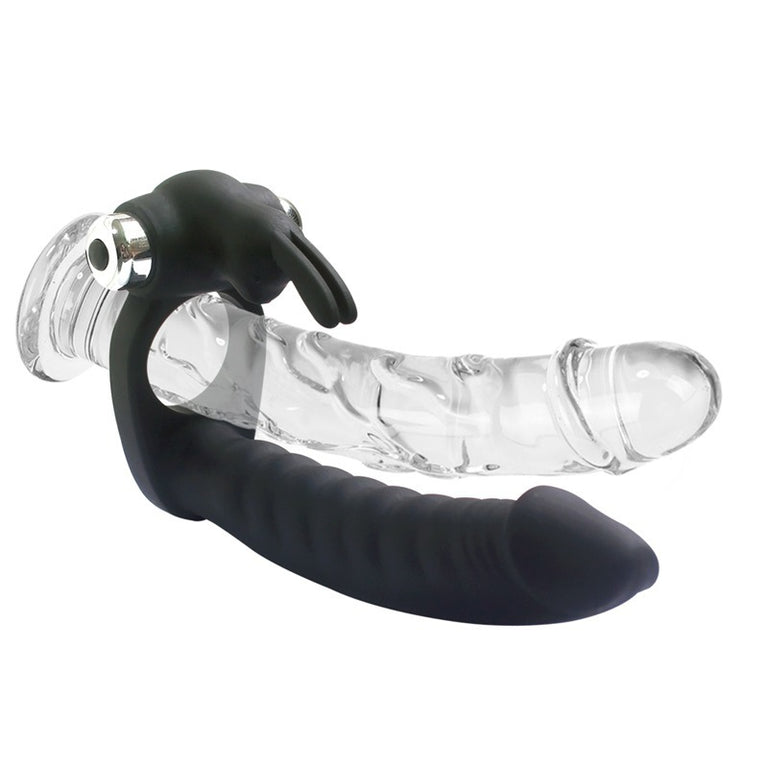 7-Speed Silicone Vibrating Rabbit Cock Ring with Anal Dildo