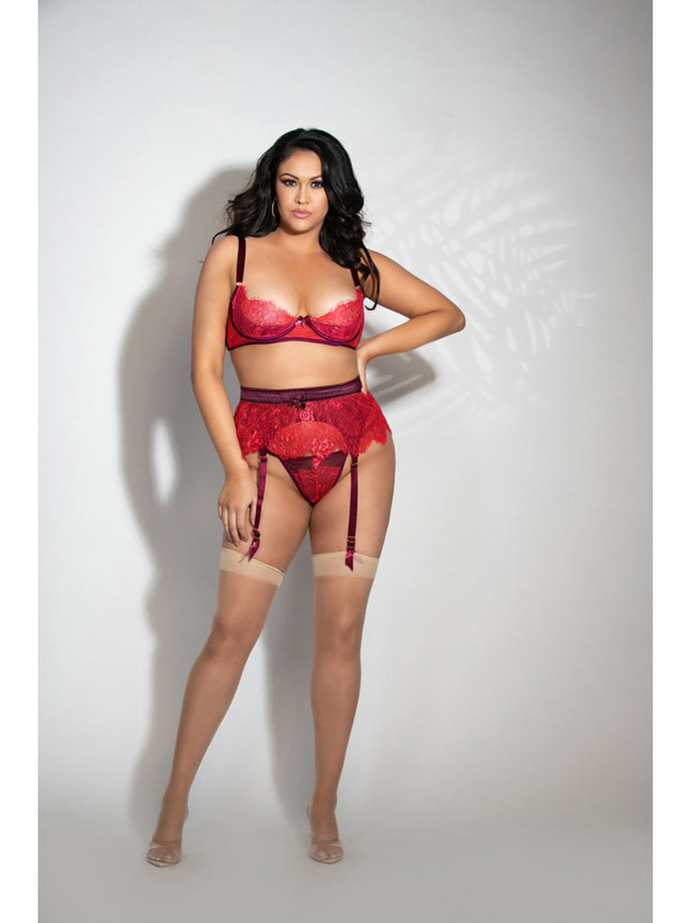 THREE PIECE EYELASH LACE BRA GARTER SKIRT AND G-STRING SET