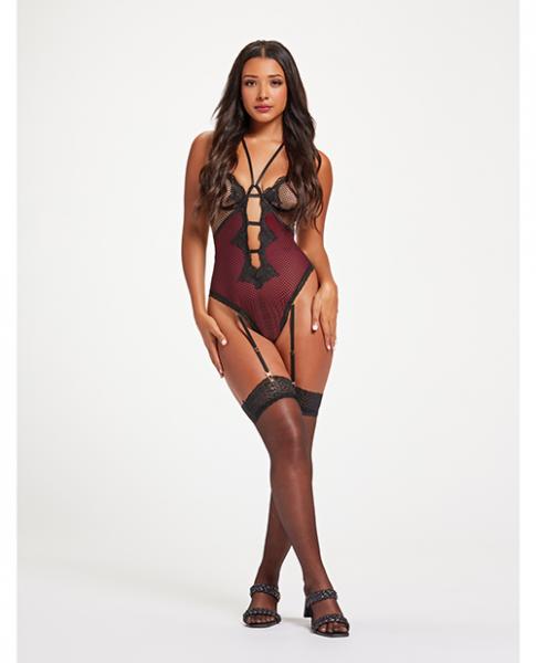 Fishnet & Stretch Lace Teddy W/double Adjustable Straps Black/Wine Small