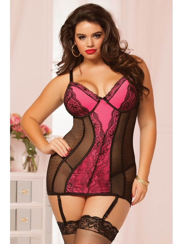 Mixed Messages Chemise Set 10502X-HotPink-3X/4X(H)