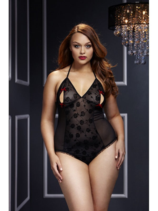 Lace Bodysuit w/ Bra Slits Red Bow Q Black