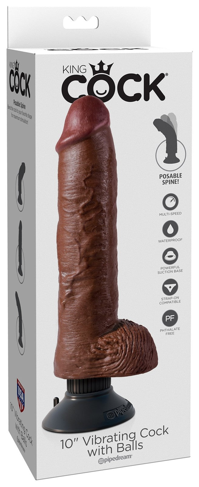 King Cock 10 in. Vibrating Cock with Balls Brown