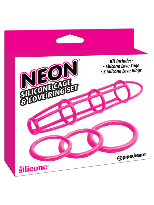 Neon Silicone Cage and Love Ring Set Pink