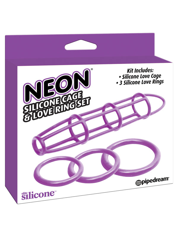 Neon Silicone Cage and Love Ring Set Purple