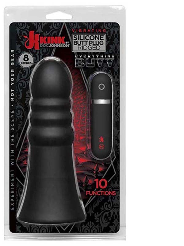 Kink Vibrating Silicone Butt Plug Ridged 8 in. Black