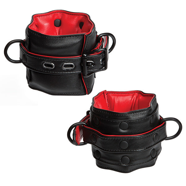 Kink Leather Submissive Accessories Wrist Restraints Black and Red