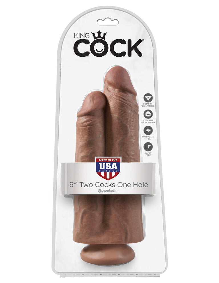 King Cock 9 in. Two Cocks One Hole - Tan