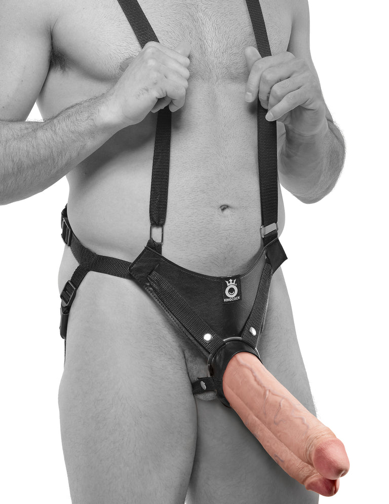 King Cock 11 in. Two Cocks One Hole Hollow Strap-on Suspender System - Flesh