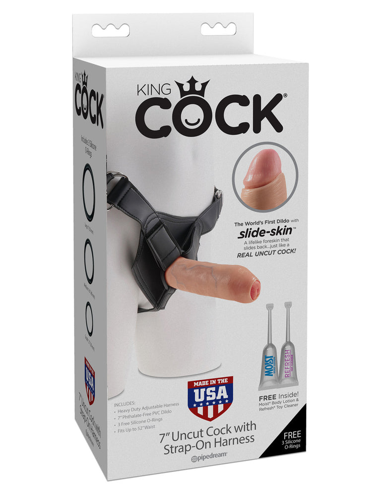 King Cock 7 in. King Cock Uncut With Strap-on Harness - Flesh