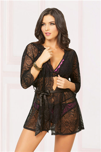 Enchanting Sheer Lace Robe 10894 Blk OS (H)