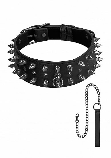 Skulls and Bones Neck Chain with Spikes and Leash Blac