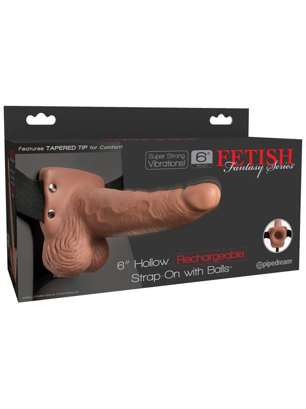 Fetish Fantasy 6 in. Hollow Rechargeable Strap-On with Balls Tan