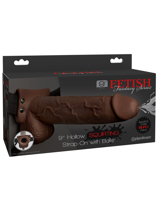 Fetish Fantasy 9 in. Hollow Squirting Strap-On with Balls Brown