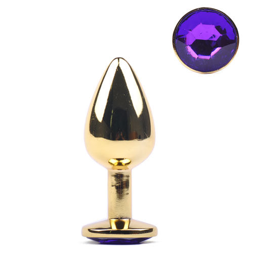 Golden Metallic Anal Plug with Purple Diamond - Small