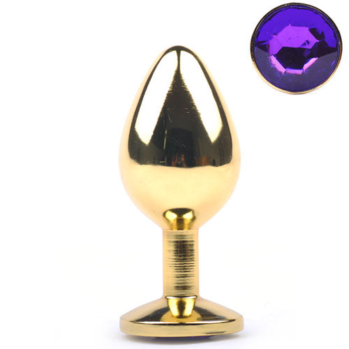 Golden Metallic Anal Plug with Purple Diamond - Medium