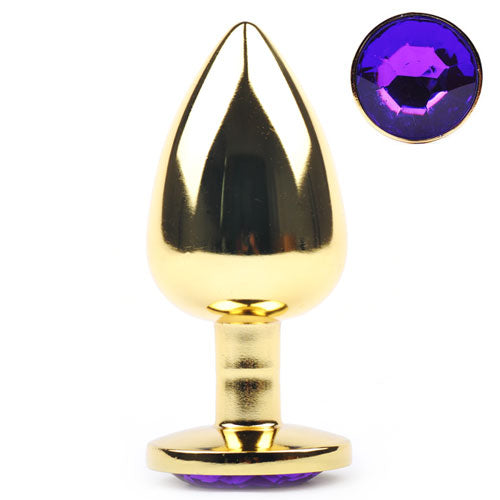 Golden Metallic Anal Plug with Purple Diamond - Large