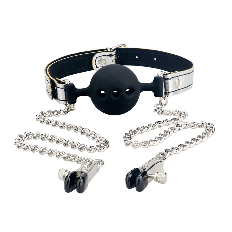 Silicone Breathable Ball Gag With Nipple Clamp